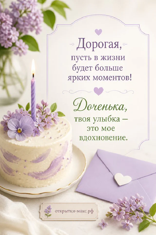 Лиловое пирожное со свечой и нежные цветы на открытке с днём рождения дочери — вариант 4