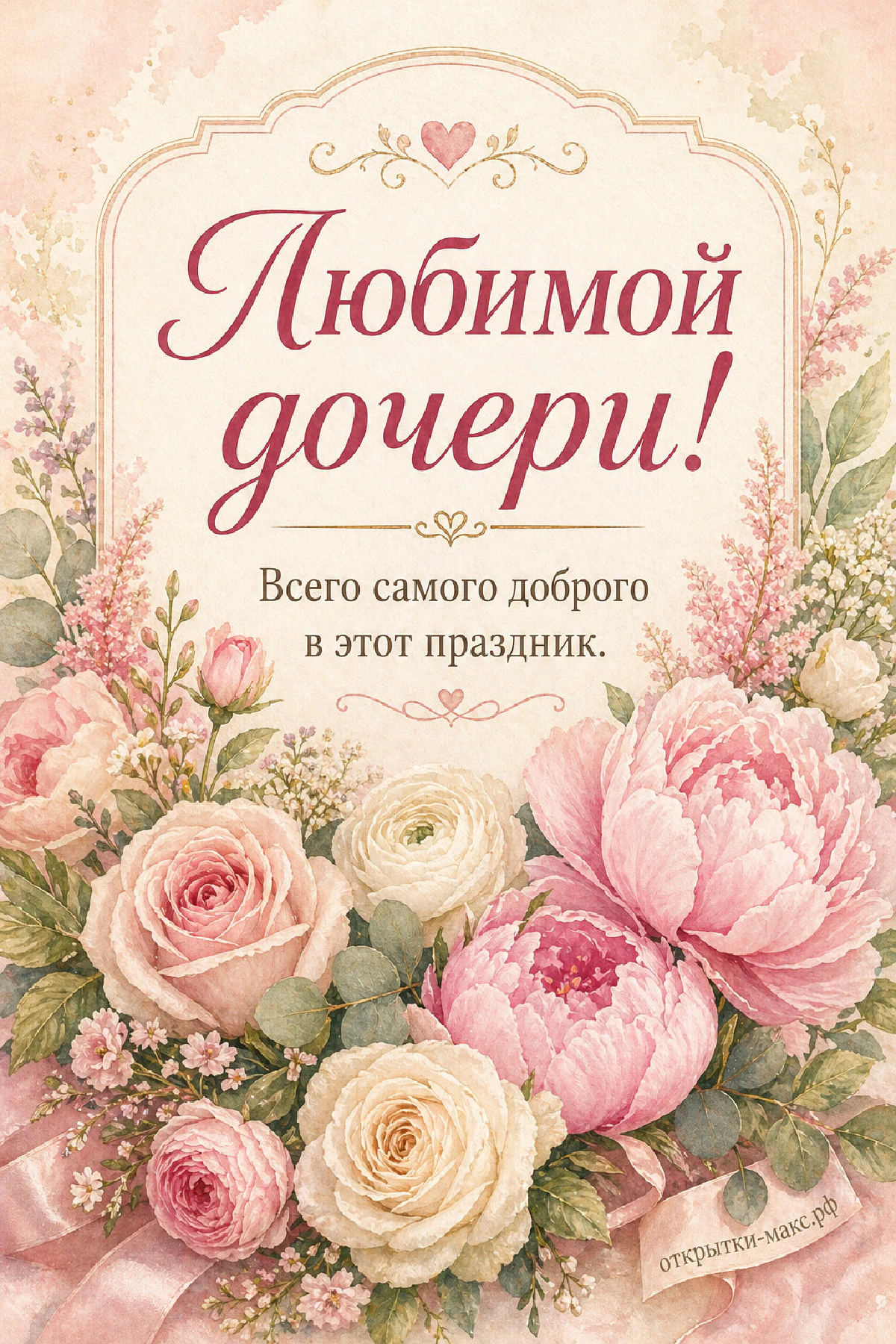 Акварельный букет из розовых пионов, кремовых роз и ранункулюсов