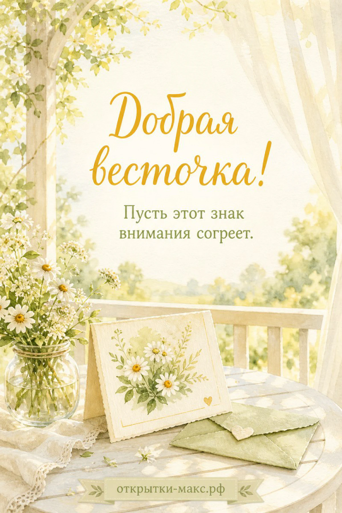 Открытка «Добрая весточка» с ромашками в стеклянной вазе, зелёным конвертом и летней верандой в акварельном стиле