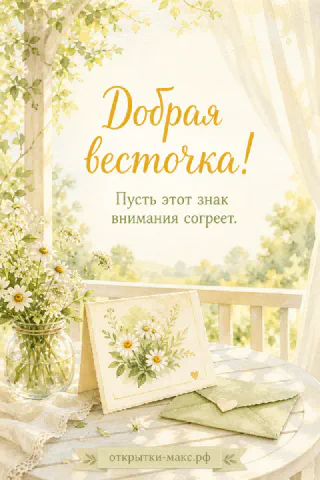 Открытка «Добрая весточка» с ромашками в стеклянной вазе, зелёным конвертом и летней верандой в акварельном стиле