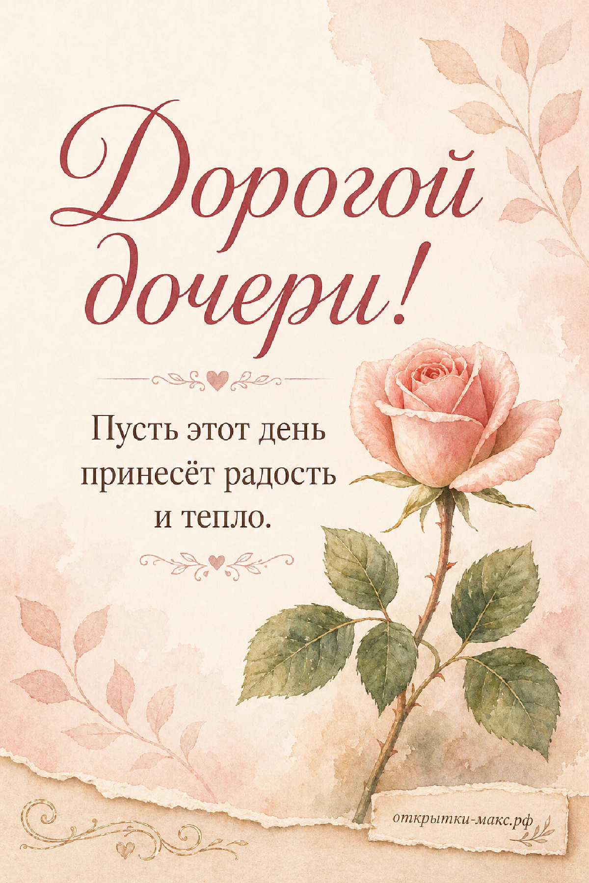 Акварельная персиковая роза с зелёными листьями на кремовом фоне