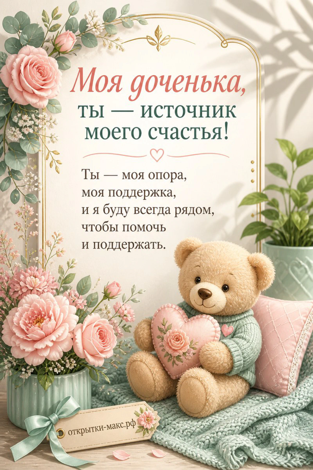 Открытка «Моя доченька, ты — источник моего счастья» с плюшевым медведем в свитере, держащим сердечко, и розовыми пионами