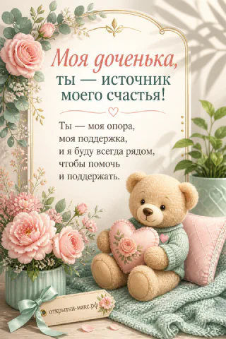 Открытка «Моя доченька, ты — источник моего счастья» с плюшевым медведем в свитере, держащим сердечко, и розовыми пионами