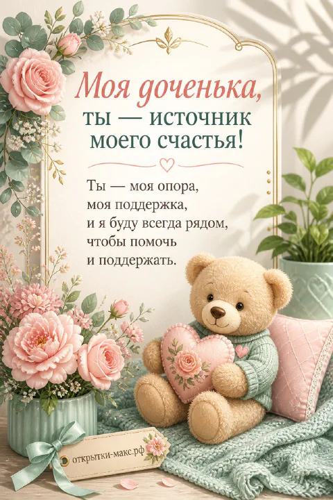 Открытка «Моя доченька, ты — источник моего счастья» с плюшевым медведем в свитере, держащим сердечко, и розовыми пионами