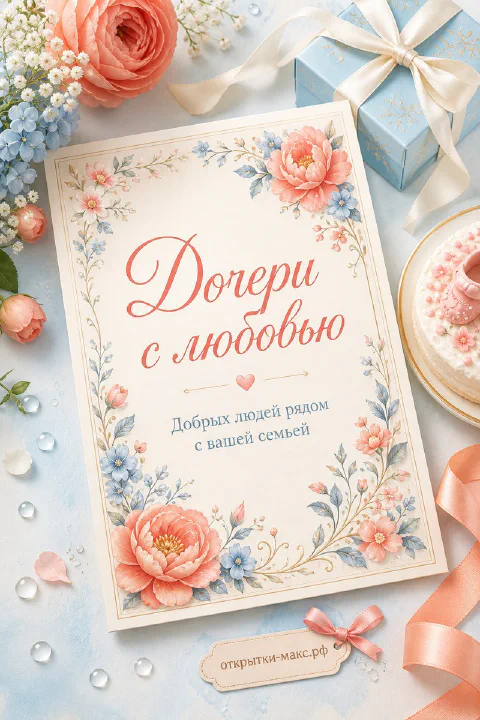 Открытка «Дочери с любовью» с персиковыми пионами, голубой подарочной коробкой и розовой лентой на светлом фоне