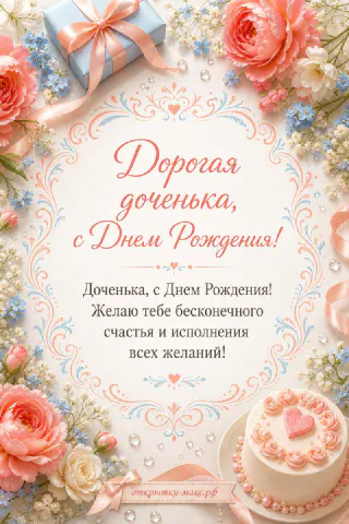 Открытка «Дорогая доченька, с Днём Рождения» с розовыми пионами, нежным тортом, подарочной коробкой и орнаментальной рамкой