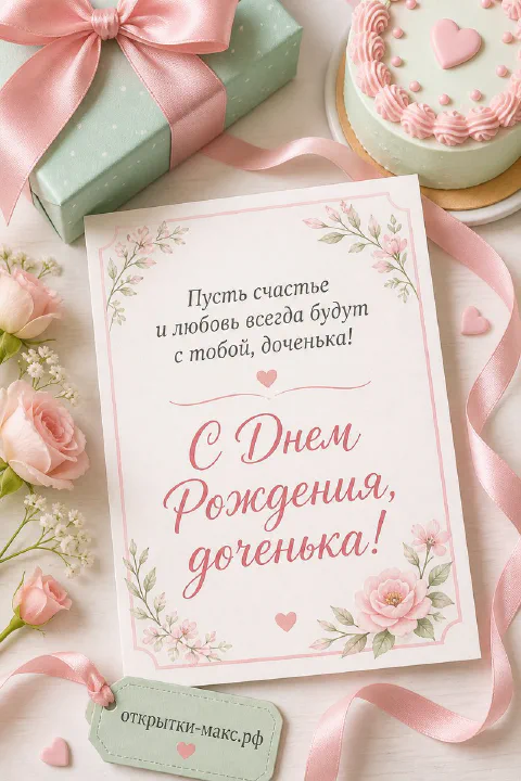Открытка «С Днём Рождения, доченька» с мятным тортом, розовыми розами и подарочной коробкой на светлом фоне