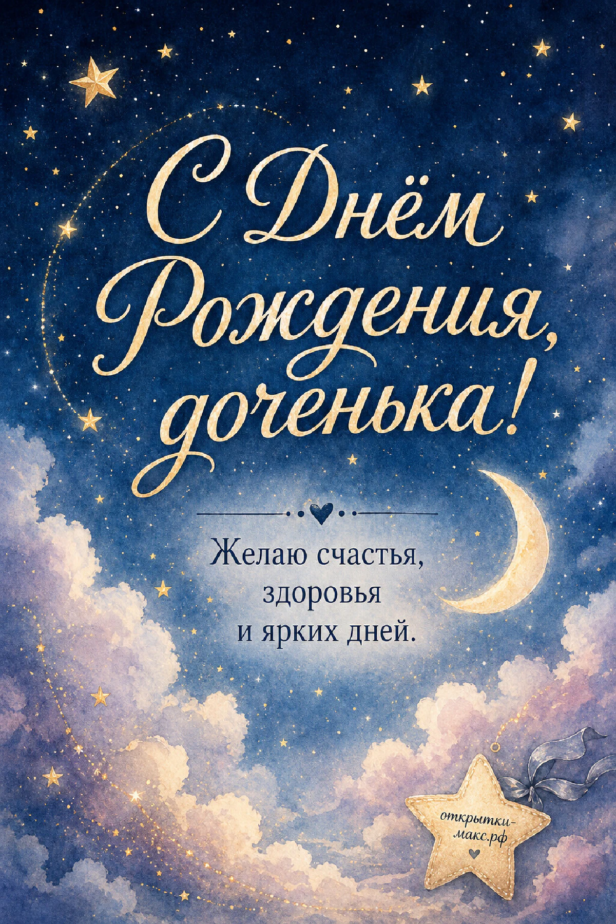 Акварельное ночное небо с золотыми звёздами, месяцем и перистыми облаками