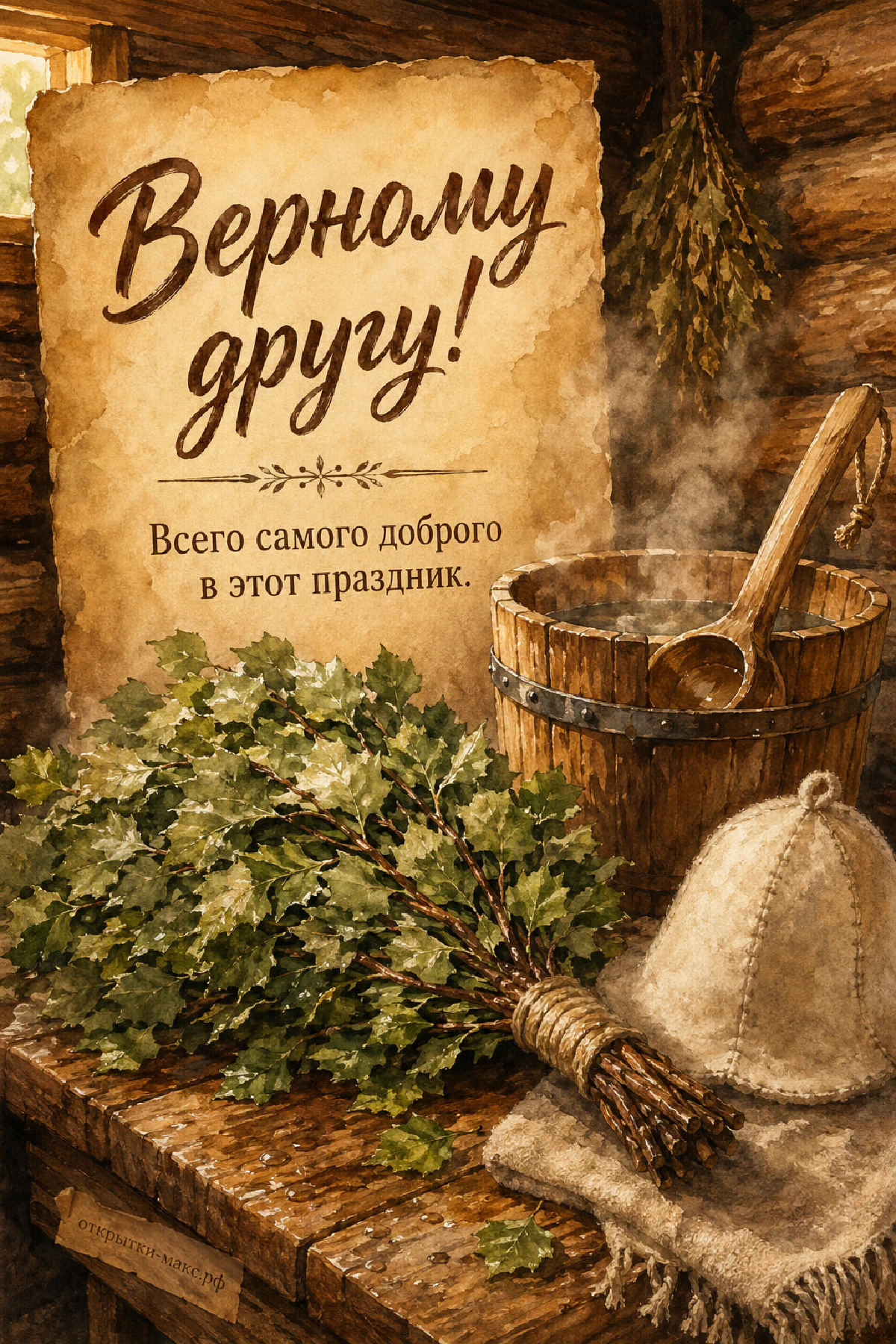 Берёзовый веник, деревянный ушат с ковшом и войлочная шапка в парной