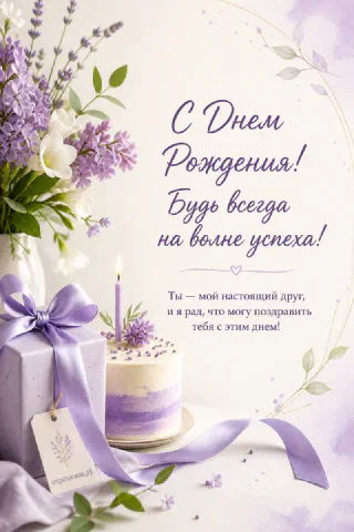 Белый торт с лавандовой свечой, подарок с фиолетовым бантом и букет белых цветов на светлом фоне