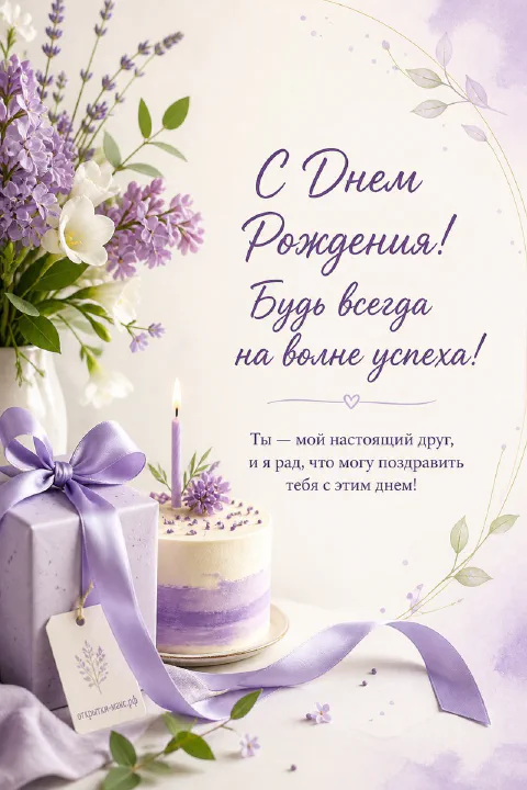Белый торт с лавандовой свечой, подарок с фиолетовым бантом и букет белых цветов на светлом фоне