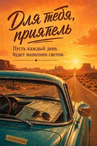 Ретро-кабриолет с картой и очками на торпеде на фоне шоссе и закатного неба