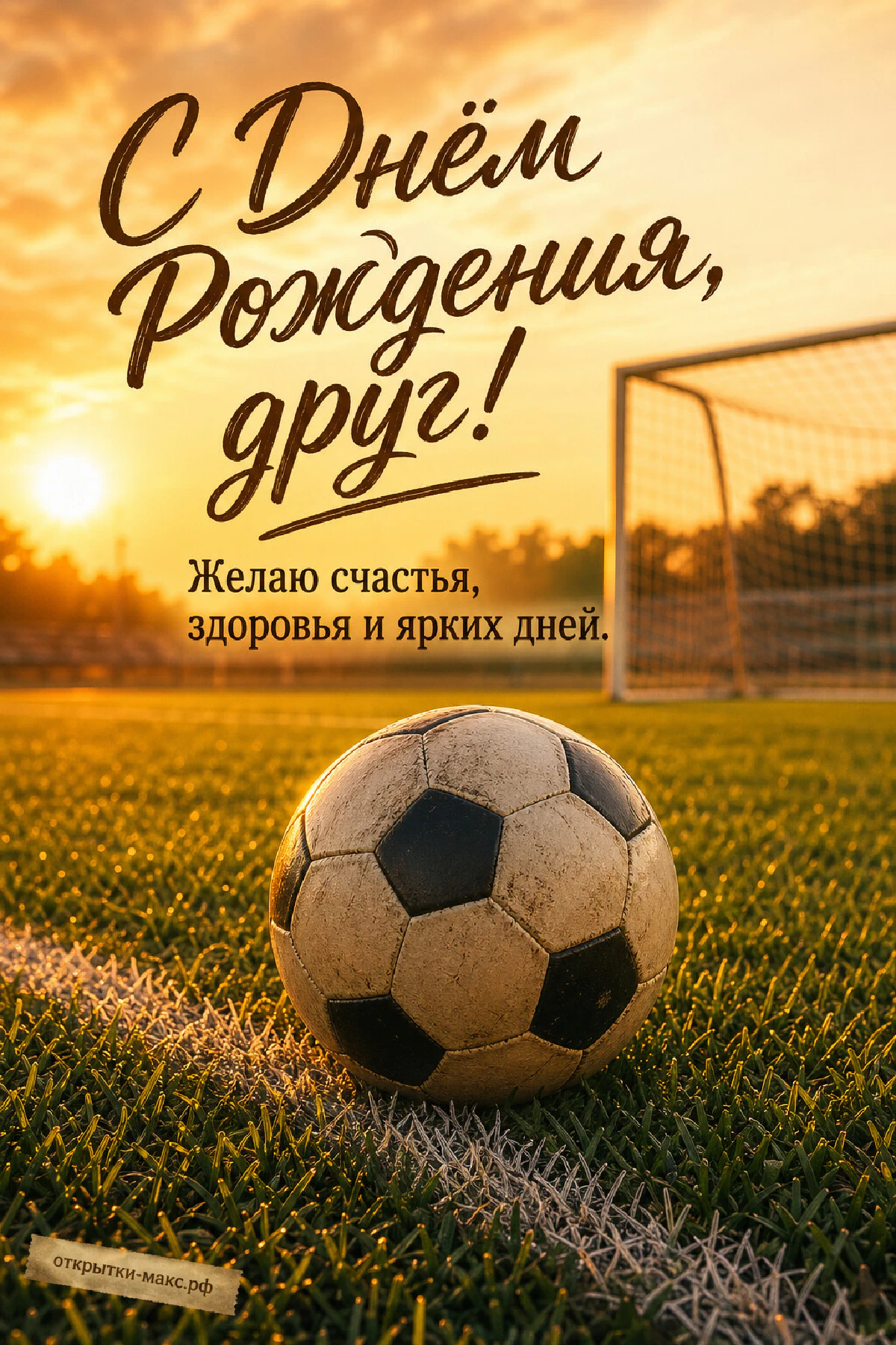 Футбольный мяч на разметке газона с воротами на фоне закатного неба