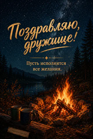 Горящий костёр из брёвен с металлическими кружками рядом у тёмного озера под звёздами
