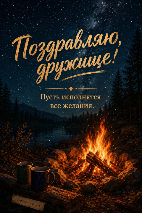 Горящий костёр из брёвен с металлическими кружками рядом у тёмного озера под звёздами