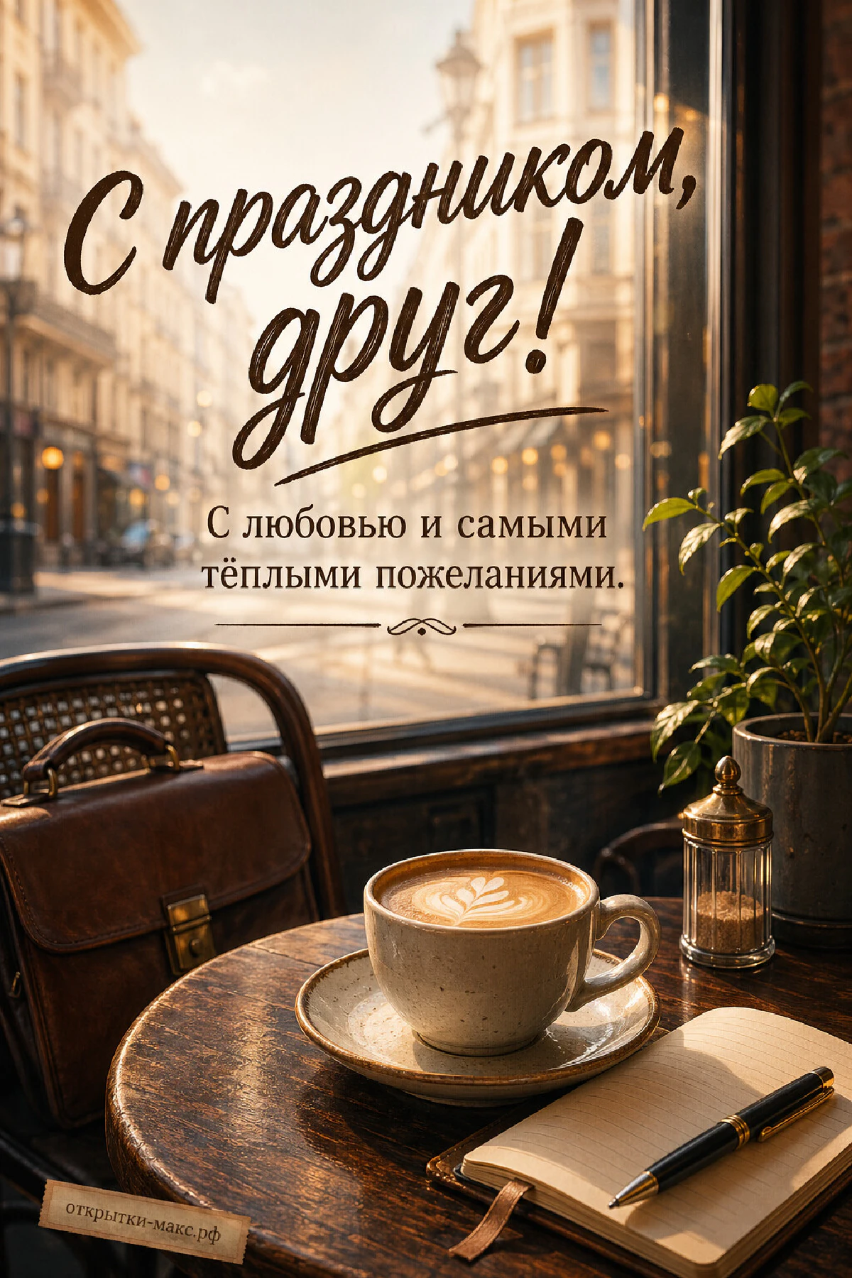 Чашка капучино с латте-артом и блокнот с ручкой на столике в кафе с видом на город