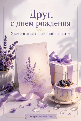 Акварельная открытка, белый подарок с лавандовой лентой и торт со свечой среди лаванды