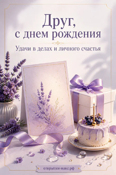 Акварельная открытка, белый подарок с лавандовой лентой и торт со свечой среди лаванды