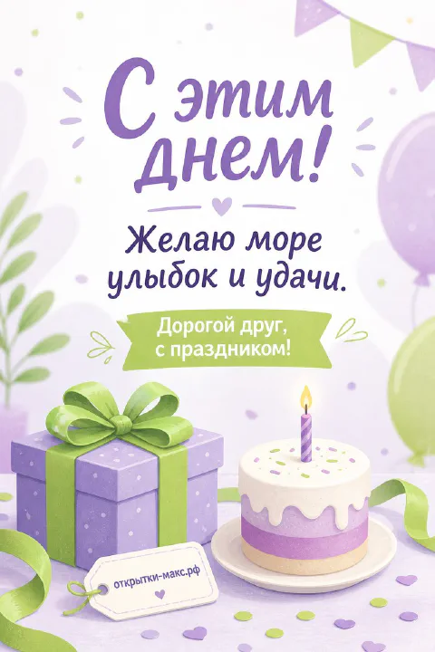 Лиловый торт со свечой, зелёный подарок с бантом и воздушные шары на светлом фоне с гирляндой