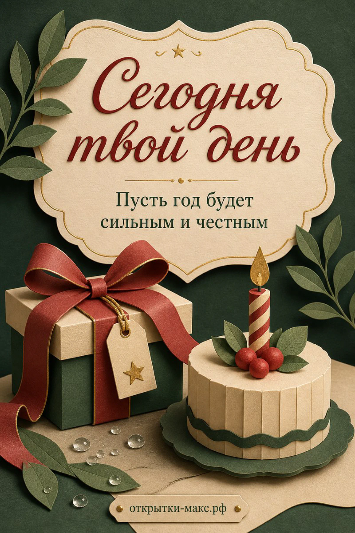 Торт с вишнями и свечой и подарок с красной лентой на тёмно-зелёном фоне с золотыми листьями