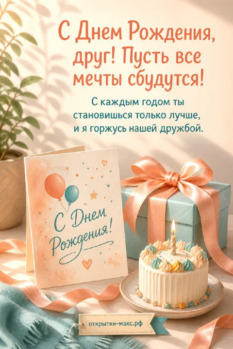 Карточка «С Днём Рождения» с шариками, торт со свечой и подарок с бантом в персиковых тонах