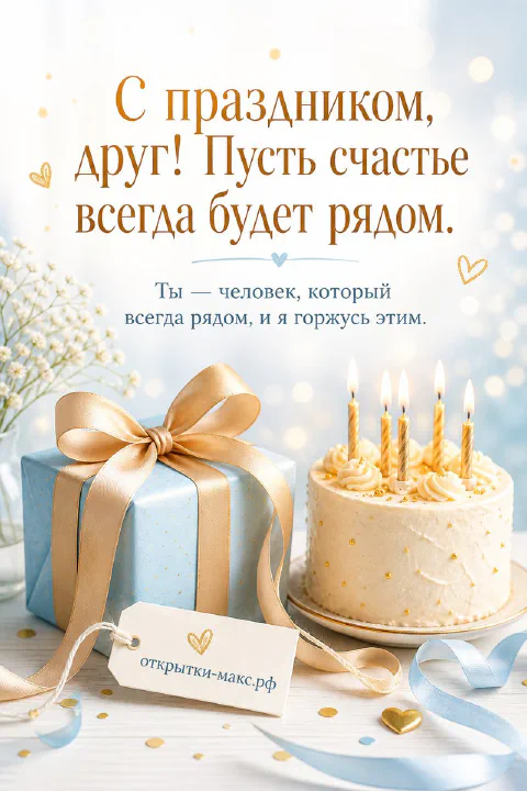 Голубой торт с золотыми свечами и белый подарок с бантом на светлом фоне с гирляндой и сердечками