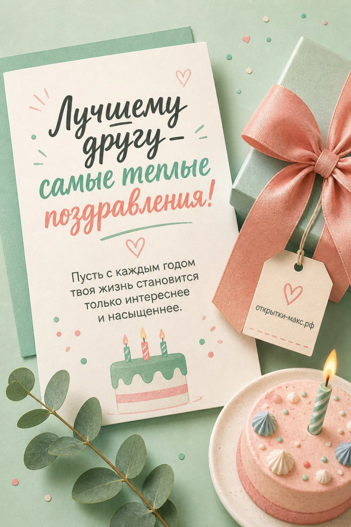 Открытка с надписью «Лучшему другу», розовый торт со свечами и подарок с бантом на зелёном фоне