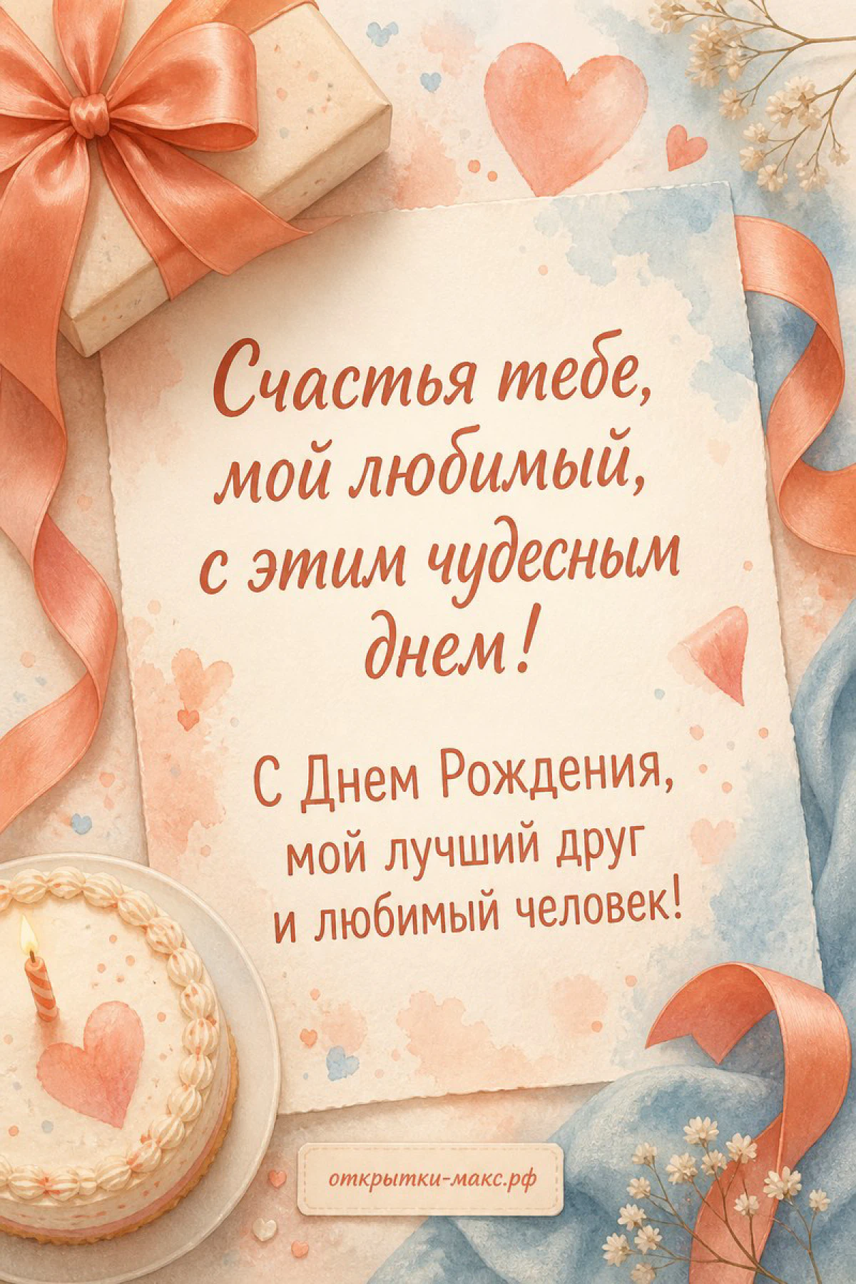 Текст на фоне акварельной бумаги с тортом со свечой и подарком с бантом в персиковых тонах