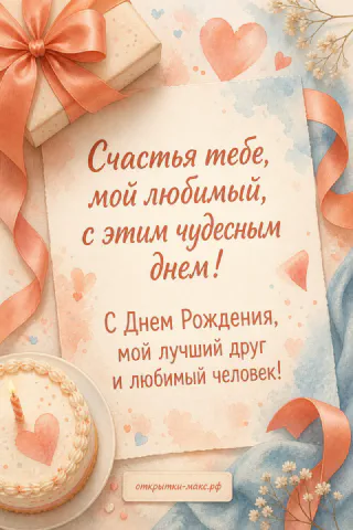 Текст на фоне акварельной бумаги с тортом со свечой и подарком с бантом в персиковых тонах