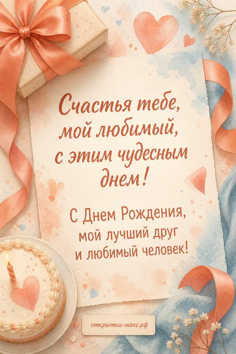 Текст на фоне акварельной бумаги с тортом со свечой и подарком с бантом в персиковых тонах