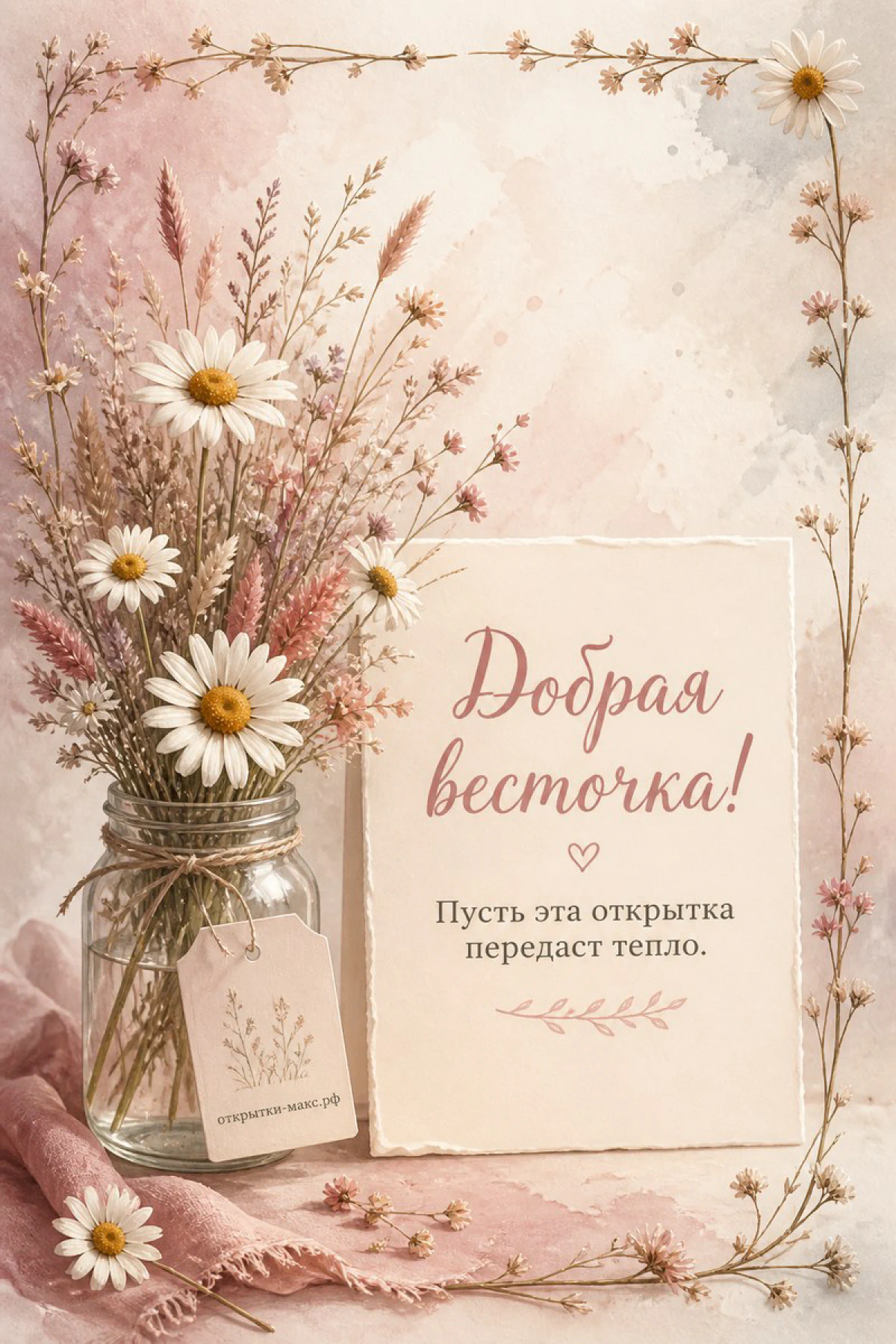 Ромашки и сухоцветы в стеклянной банке на розовом фоне с открыткой