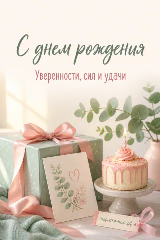 Мятная подарочная коробка с розовой лентой, открытка с акварельным эвкалиптом и нежно-розовый торт со свечой