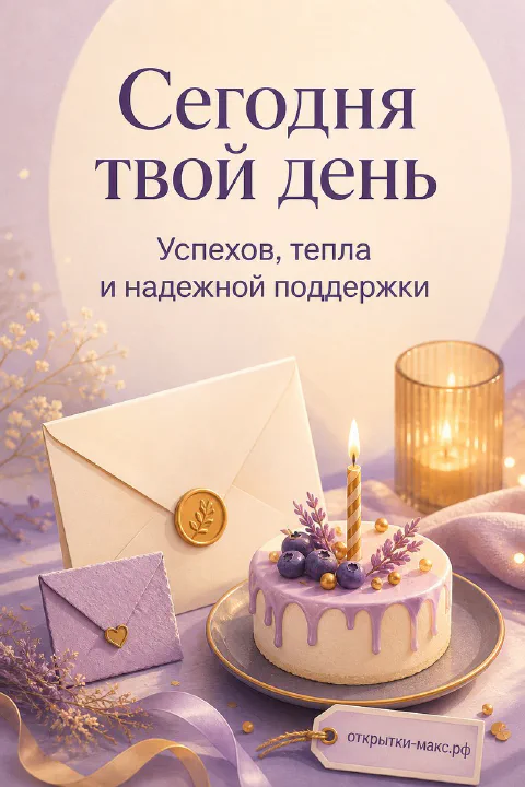 Лавандовый торт с черникой и свечой, конверт с золотым сургучом и лиловый конверт с сердечком