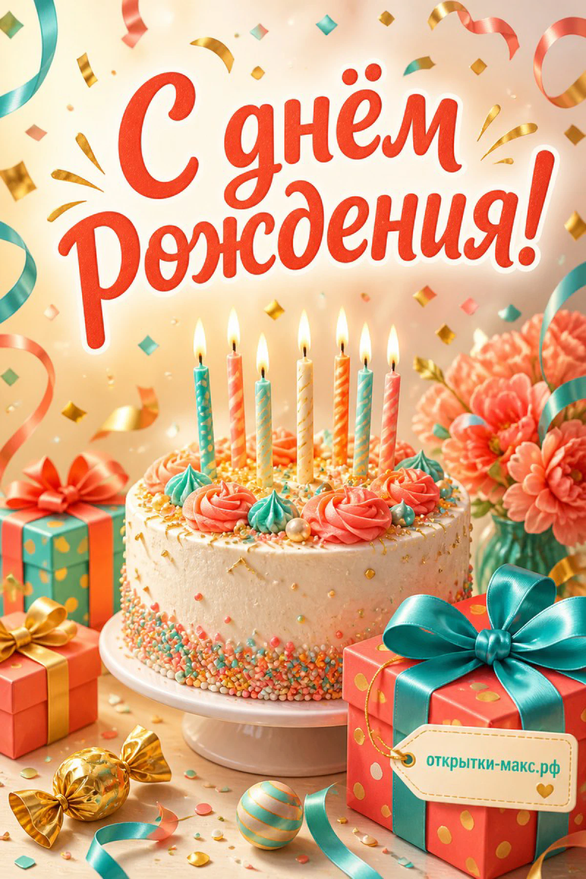 Торт со свечами и конфетти, коралловые цветы и яркие подарочные коробки с бирюзовыми лентами