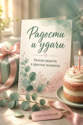 Открытка с акварельным эвкалиптом, подарок с розовой лентой и торт со свечой