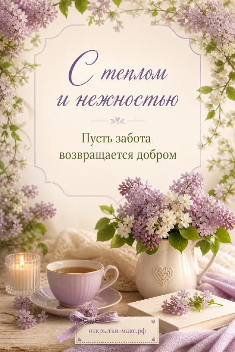 Сирень в белой вазе, фарфоровая чашка с чаем и книга на деревянном столе