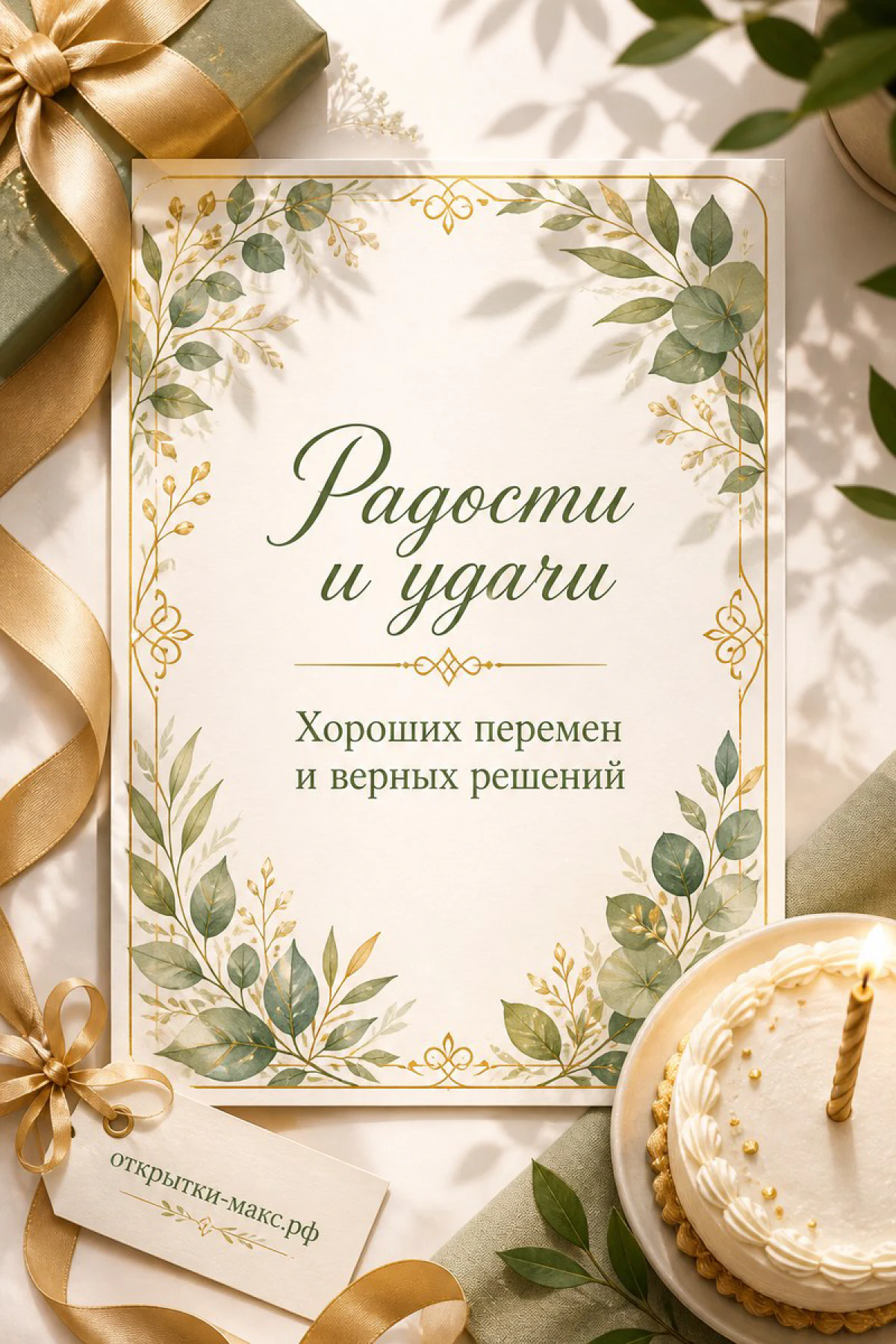 Открытка с зелёными листьями в золотой рамке, подарок с золотой лентой и торт вид сверху