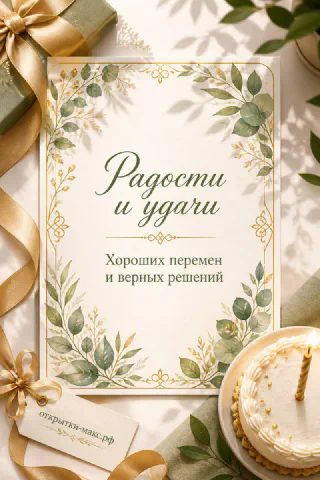 Открытка с зелёными листьями в золотой рамке, подарок с золотой лентой и торт вид сверху