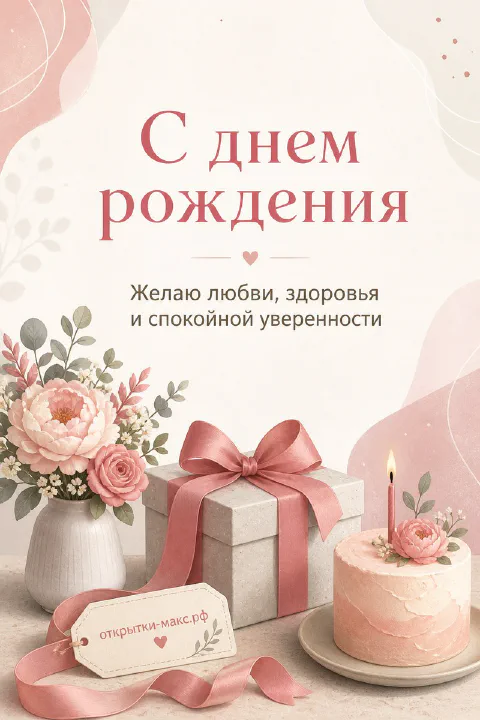 Пионы в вазе, подарочная коробка с розовой лентой и маленький торт