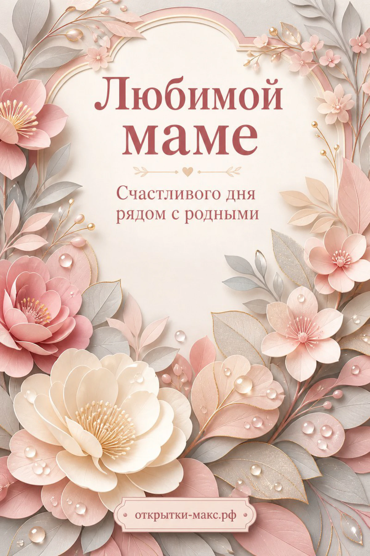 Открытка «Любимой маме» с рамкой из объёмных бумажных цветов в розовых и кремовых тонах