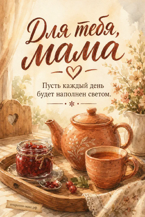 Акварельный керамический чайник с чашкой чая и баночкой варенья на деревянном подносе