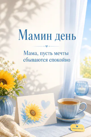 Открытка «Мамин день» с чашкой чая на фоне окна, букетом подсолнухов в синей вазе и лёгкими шторами