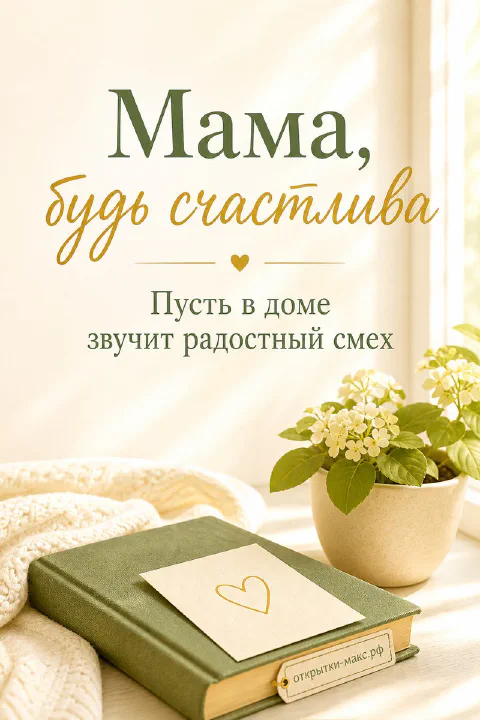 Открытка «Мама, будь счастлива» с зелёной книгой, вязаным пледом и горшком с цветком на фоне окна