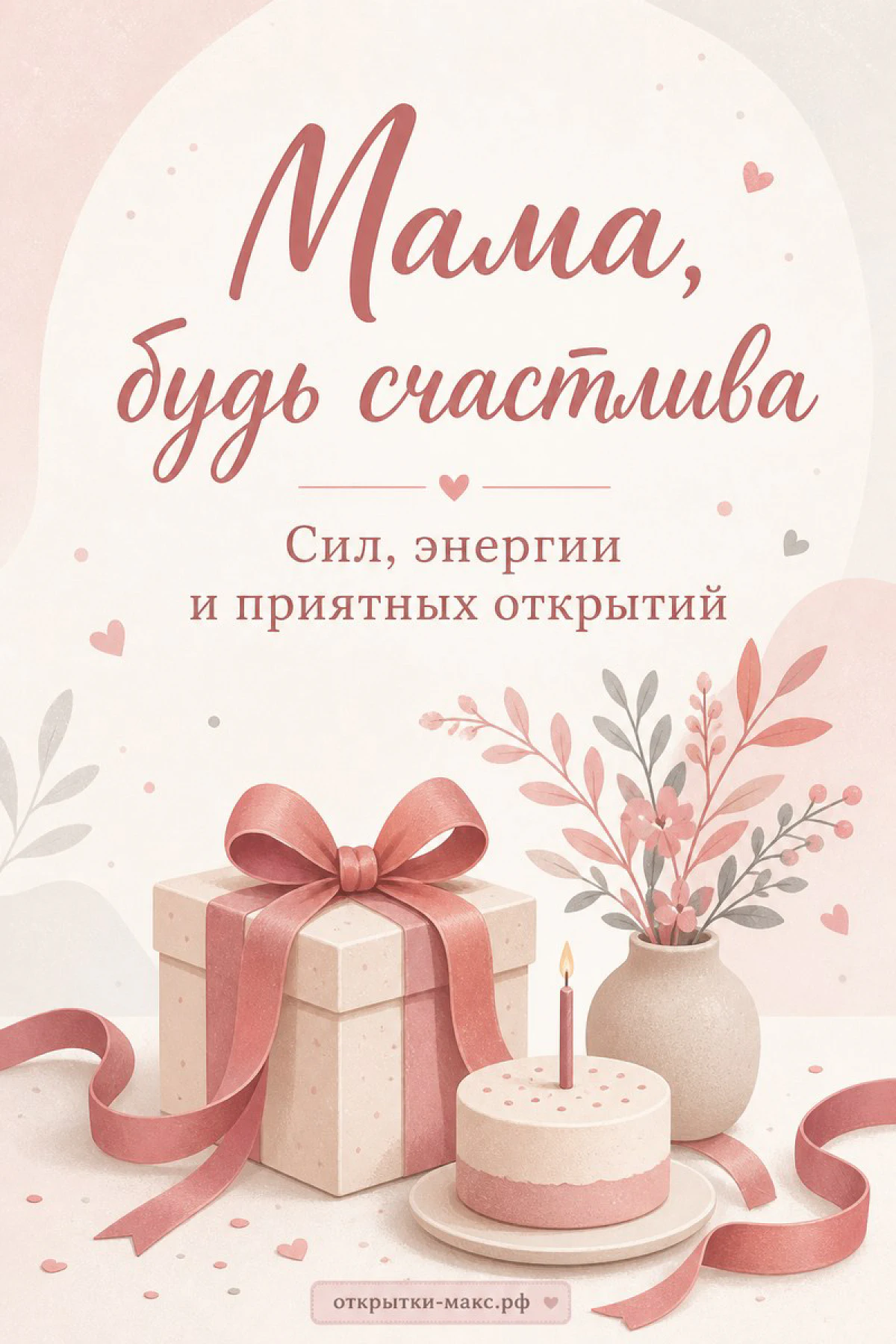 Открытка «Мама, будь счастлива» с розовой подарочной коробкой, тортом со свечой и декоративными ветками