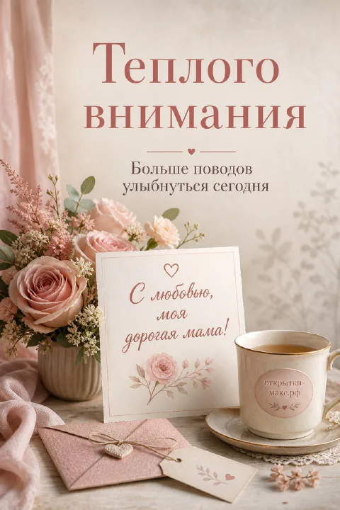 Открытка «Теплого внимания» с букетом розовых роз, чашкой чая и конвертом с запиской маме