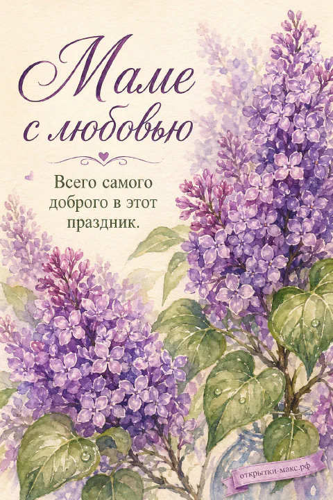Акварельные ветви лиловой сирени с крупными цветочными гроздьями и зелёными листьями