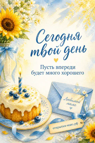 Акварельная открытка с тортом со свечой, подсолнухами в вазе и конвертом «Любимой маме» в голубых тонах