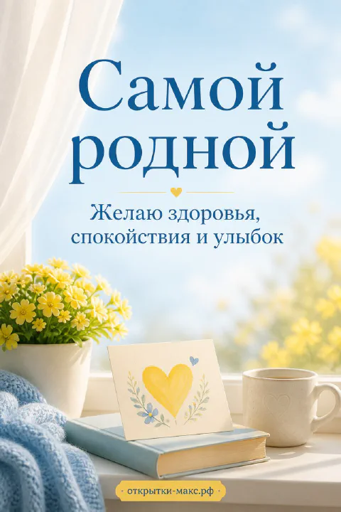Открытка «Самой родной» с жёлтыми полевыми цветами, открыткой-сердечком и чашкой на фоне окна