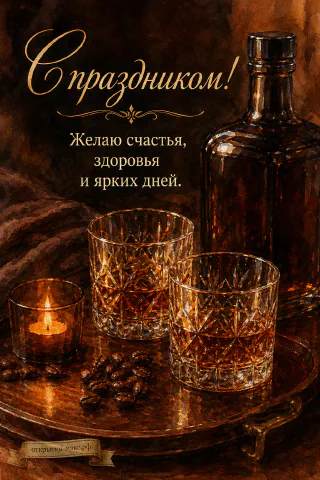 Два гранёных бокала с виски и бутылка на деревянном подносе со свечой