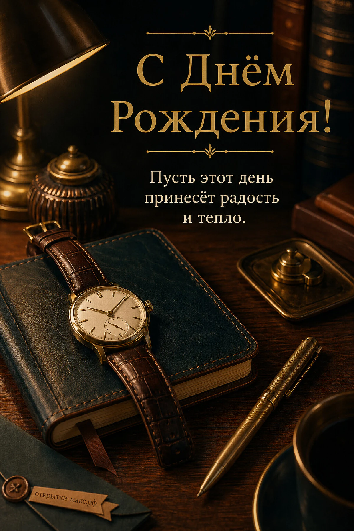 Золотые наручные часы на кожаном синем ежедневнике с перьевой ручкой